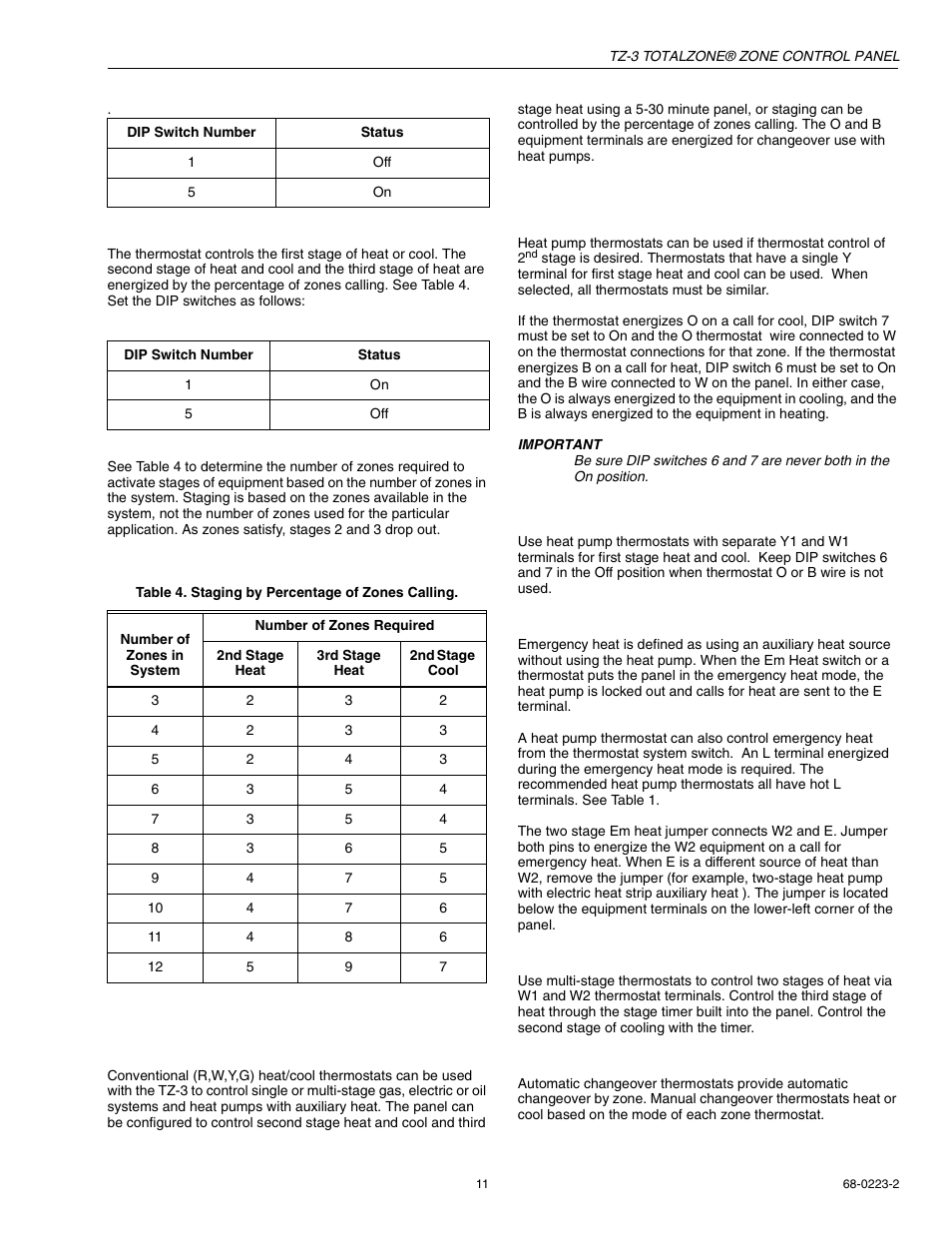 Thermostat operation, Stages based on number of zones calling, Conventional thermostats | Heat pump thermostats, Emergency heat control, Multi-stage thermostats, Manual and automatic changeover thermostats | Honeywell TOTALZONE TZ-3 User Manual | Page 11 / 16