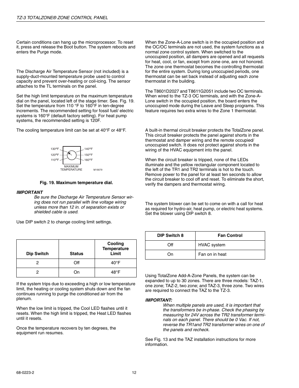 Rebooting microprocessor, Discharge air temperature sensor, Zone-a-lone switch | Circuit breaker protection, Fan on in heat, Totalzone add-a-zone panels | Honeywell TOTALZONE TZ-3 User Manual | Page 12 / 16