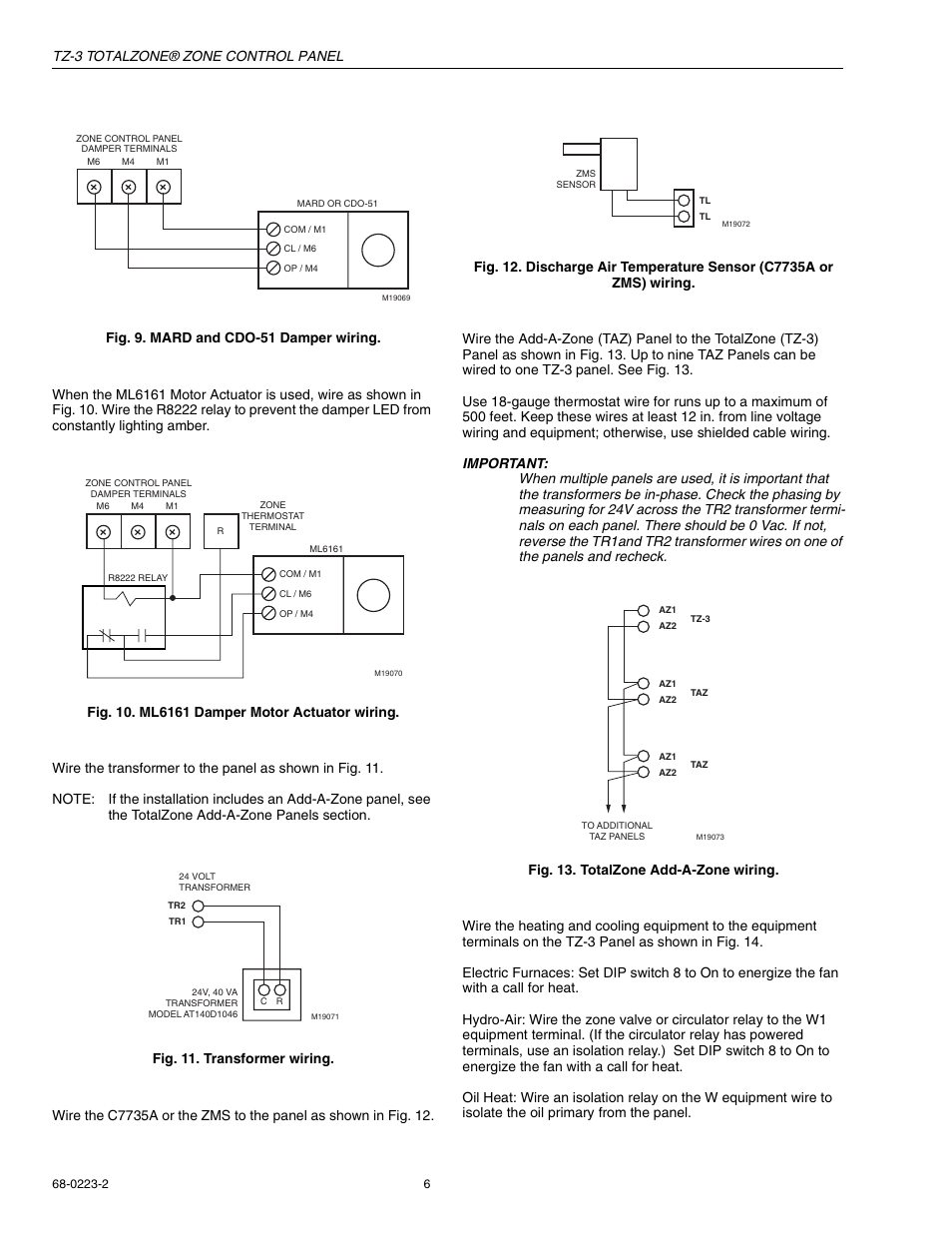Ml6161 motor actuator, Transformer, Discharge air temperature sensor | Add-a-zone panel, Conventional equipment | Honeywell TOTALZONE TZ-3 User Manual | Page 6 / 16