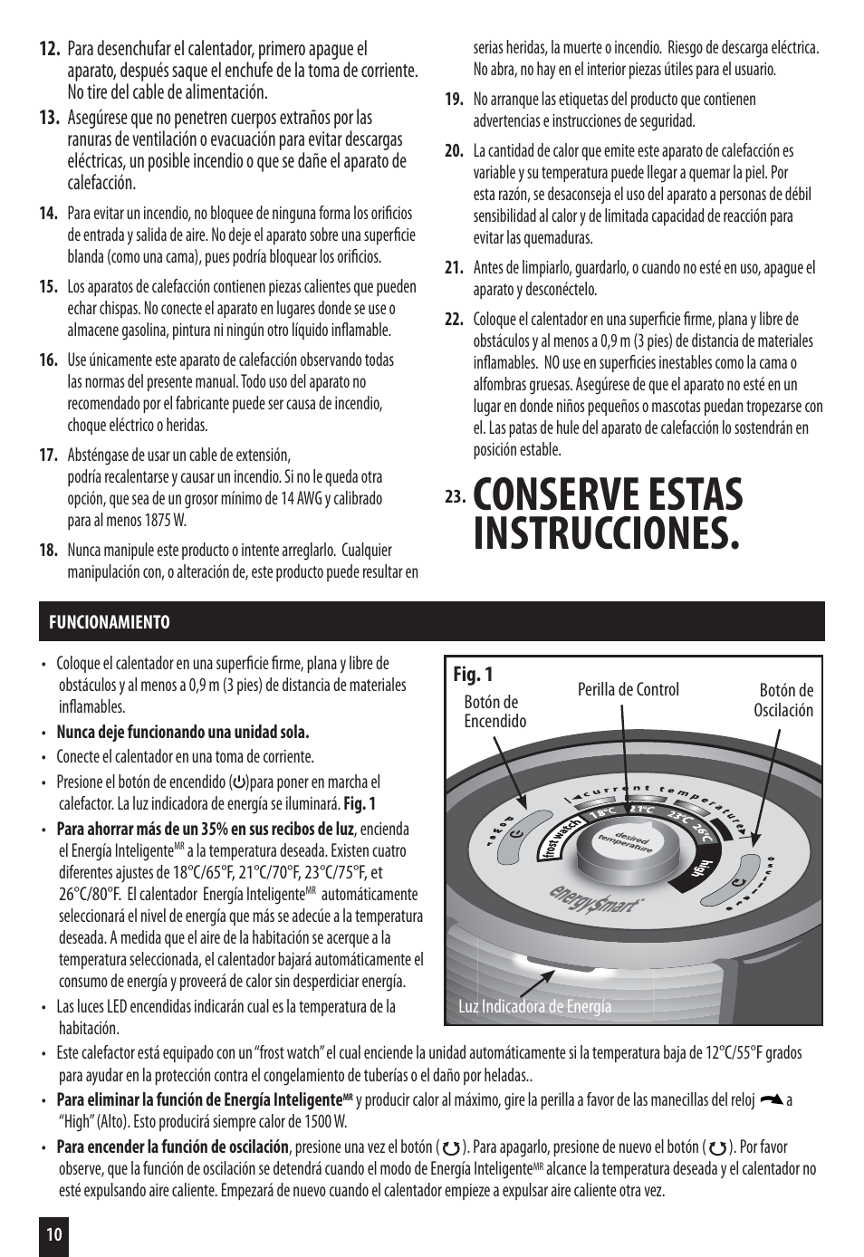 Conserve estas instrucciones | Honeywell HZ-7200 User Manual | Page 10 / 12