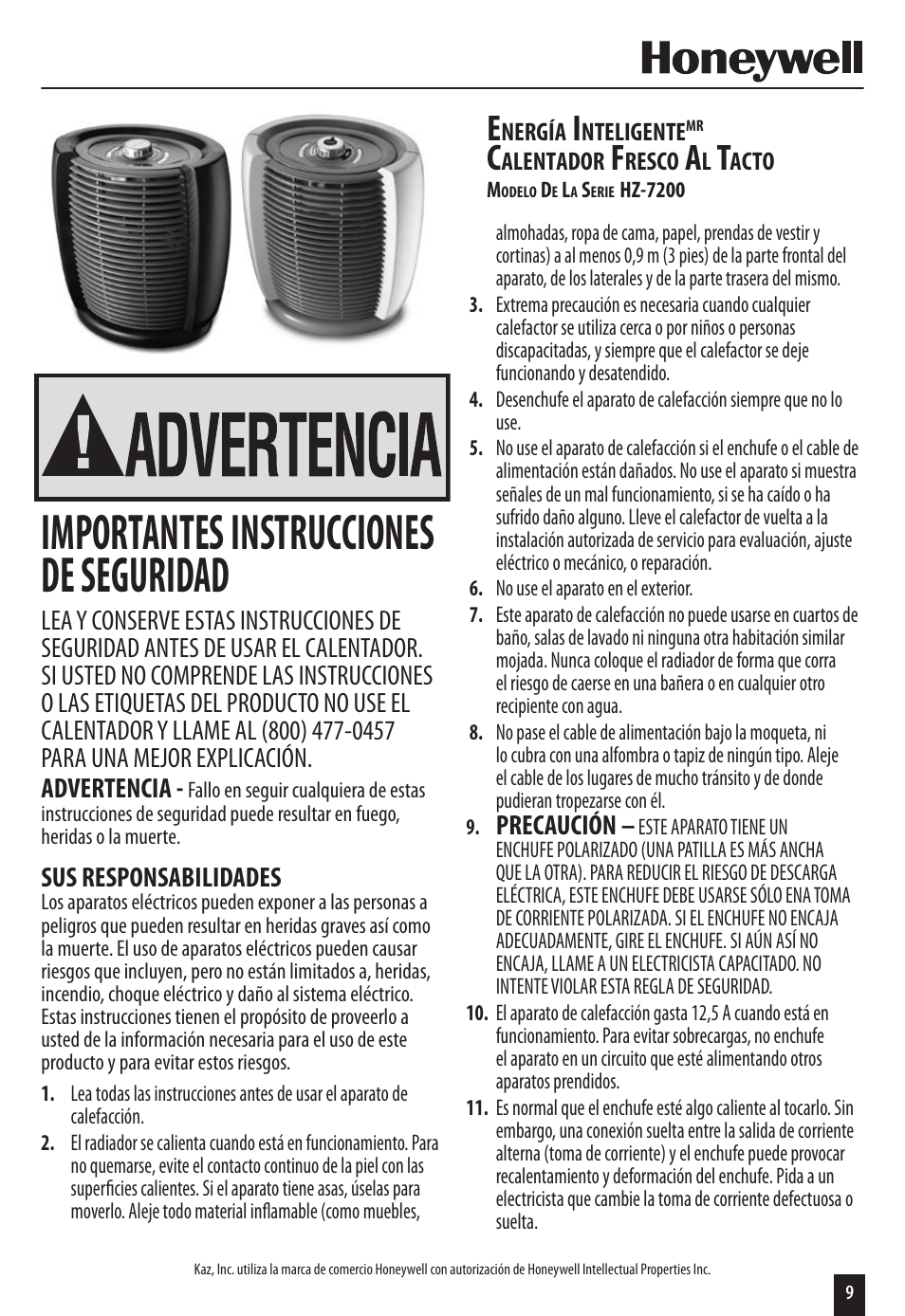 Importantes instrucciones de seguridad | Honeywell HZ-7200 User Manual | Page 9 / 12
