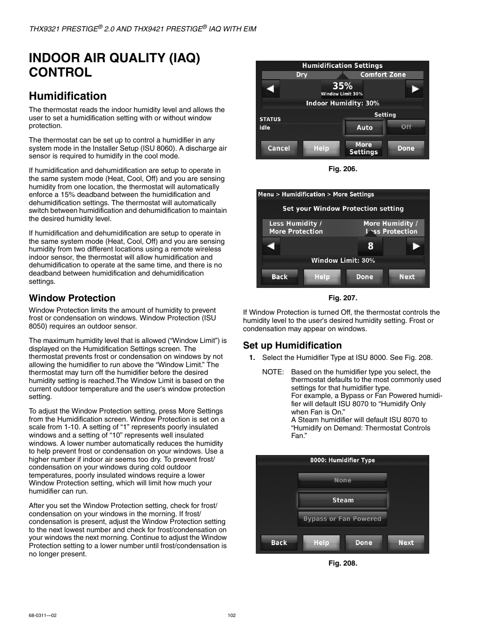 Indoor air quality (iaq) control, Humidification, Window protection | Set up humidification | Honeywell PRESTIGE THX9321 User Manual | Page 102 / 160