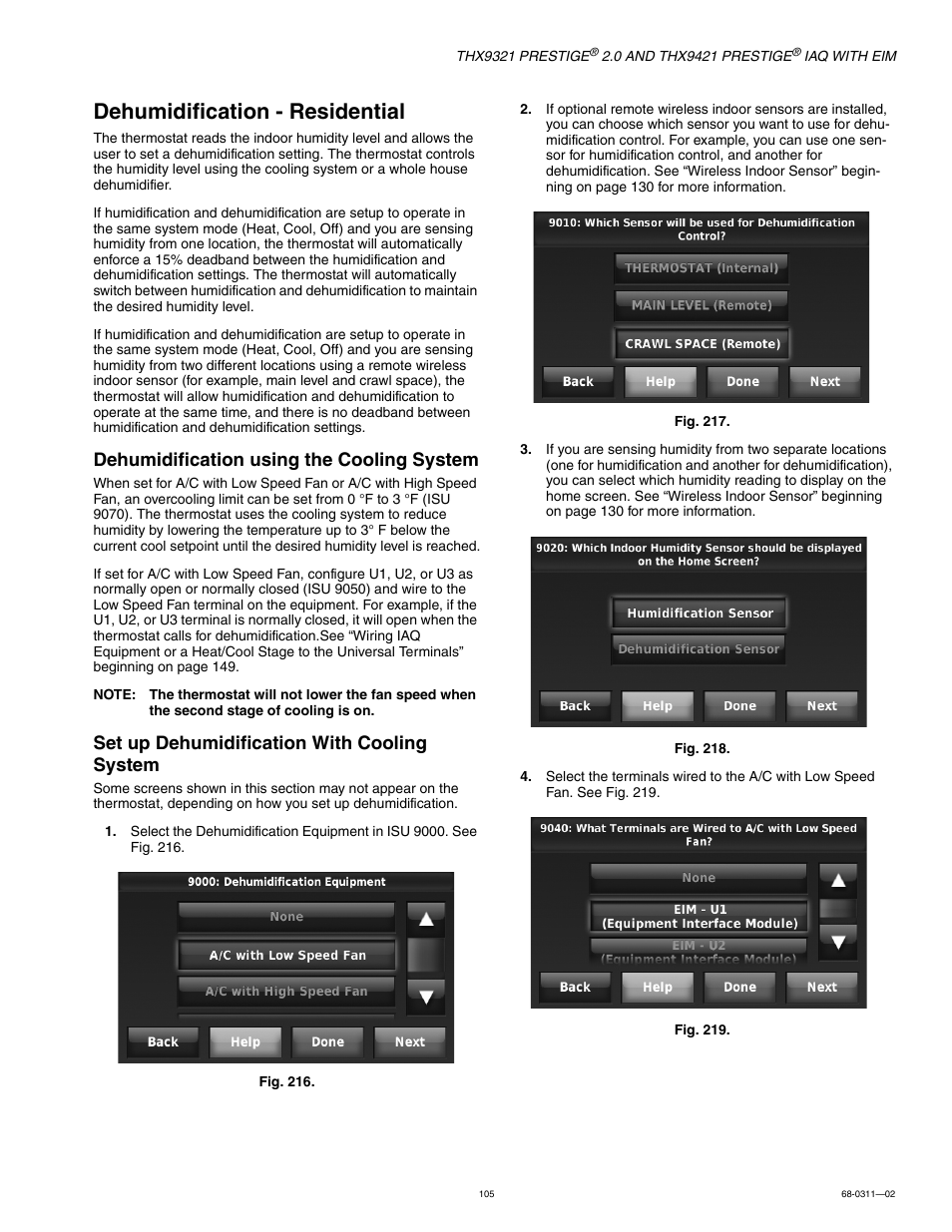 Dehumidification - residential, See “dehumidification - residential, Dehumidification using the cooling system | Set up dehumidification with cooling system | Honeywell PRESTIGE THX9321 User Manual | Page 105 / 160