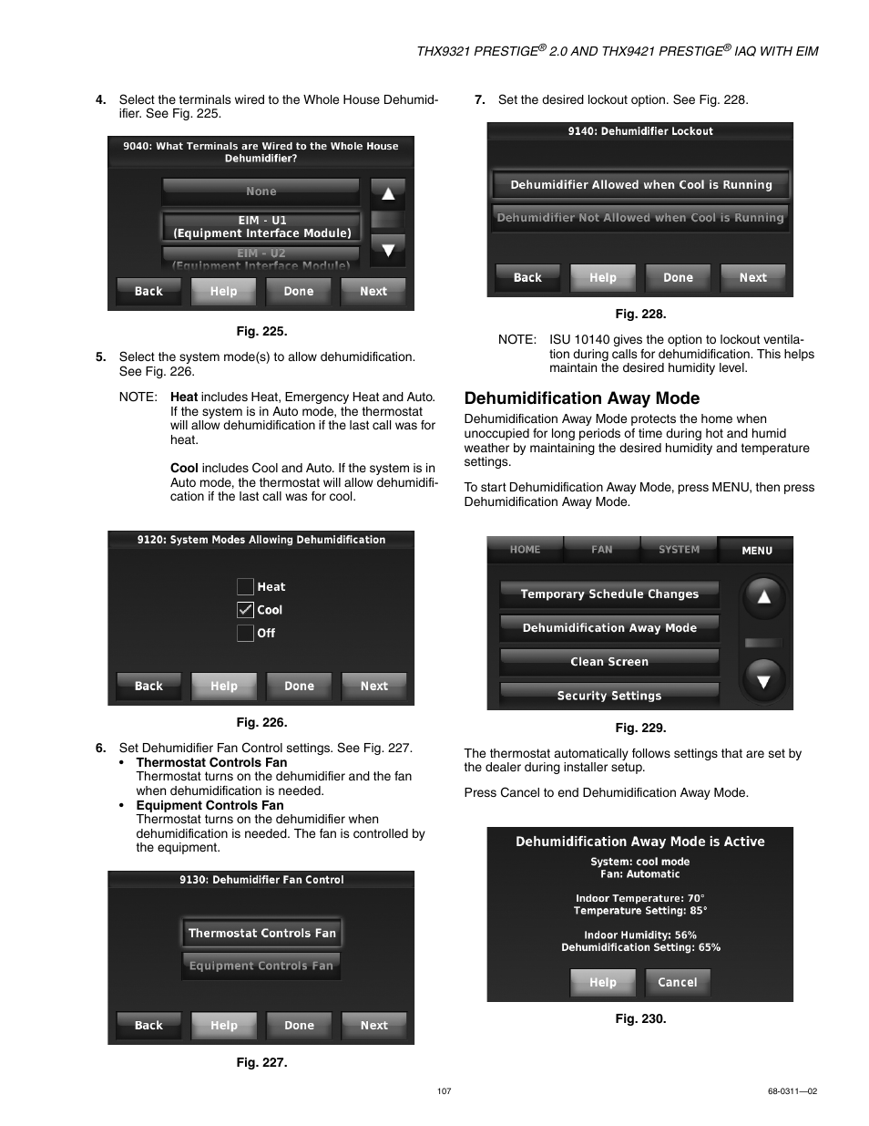 Dehumidification away mode | Honeywell PRESTIGE THX9321 User Manual | Page 107 / 160