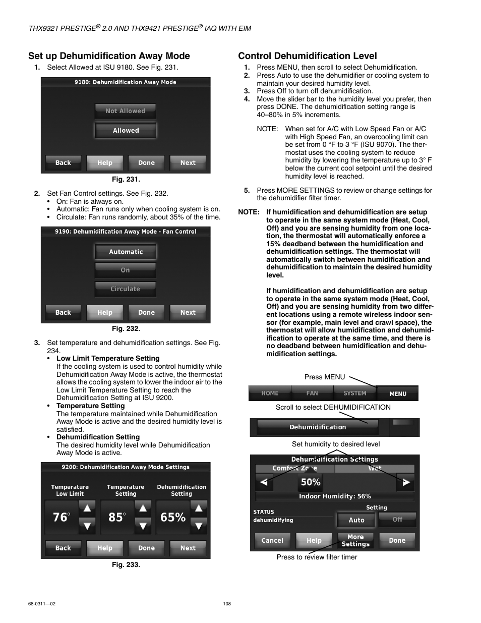 Set up dehumidification away mode, Control dehumidification level | Honeywell PRESTIGE THX9321 User Manual | Page 108 / 160