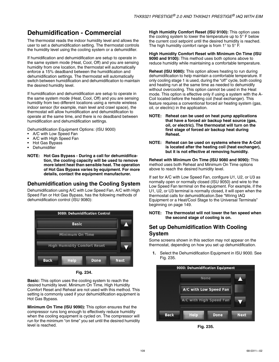 Dehumidification - commercial, Dehumidification using the cooling system, Set up dehumidification with cooling system | Honeywell PRESTIGE THX9321 User Manual | Page 109 / 160