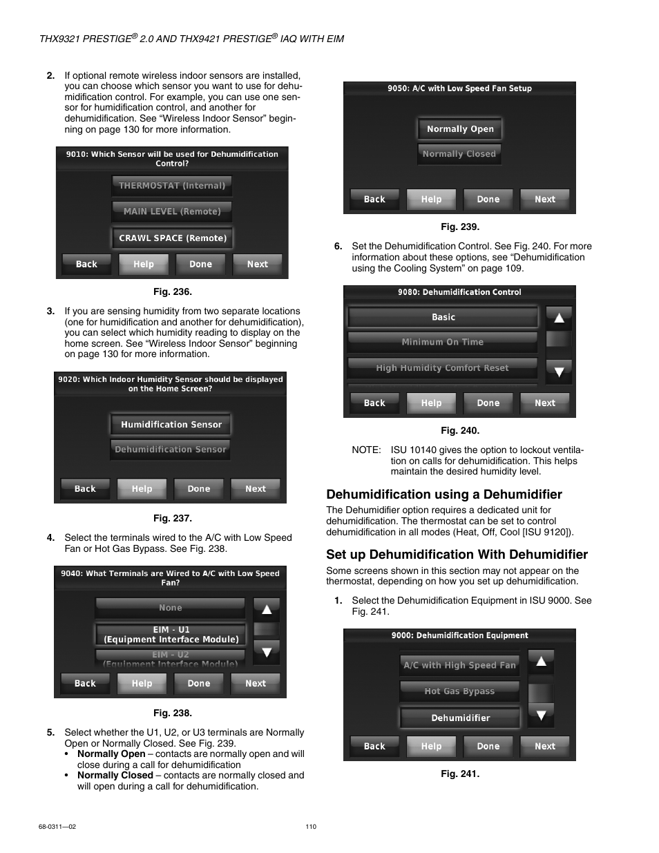 Dehumidification using a dehumidifier, Set up dehumidification with dehumidifier | Honeywell PRESTIGE THX9321 User Manual | Page 110 / 160