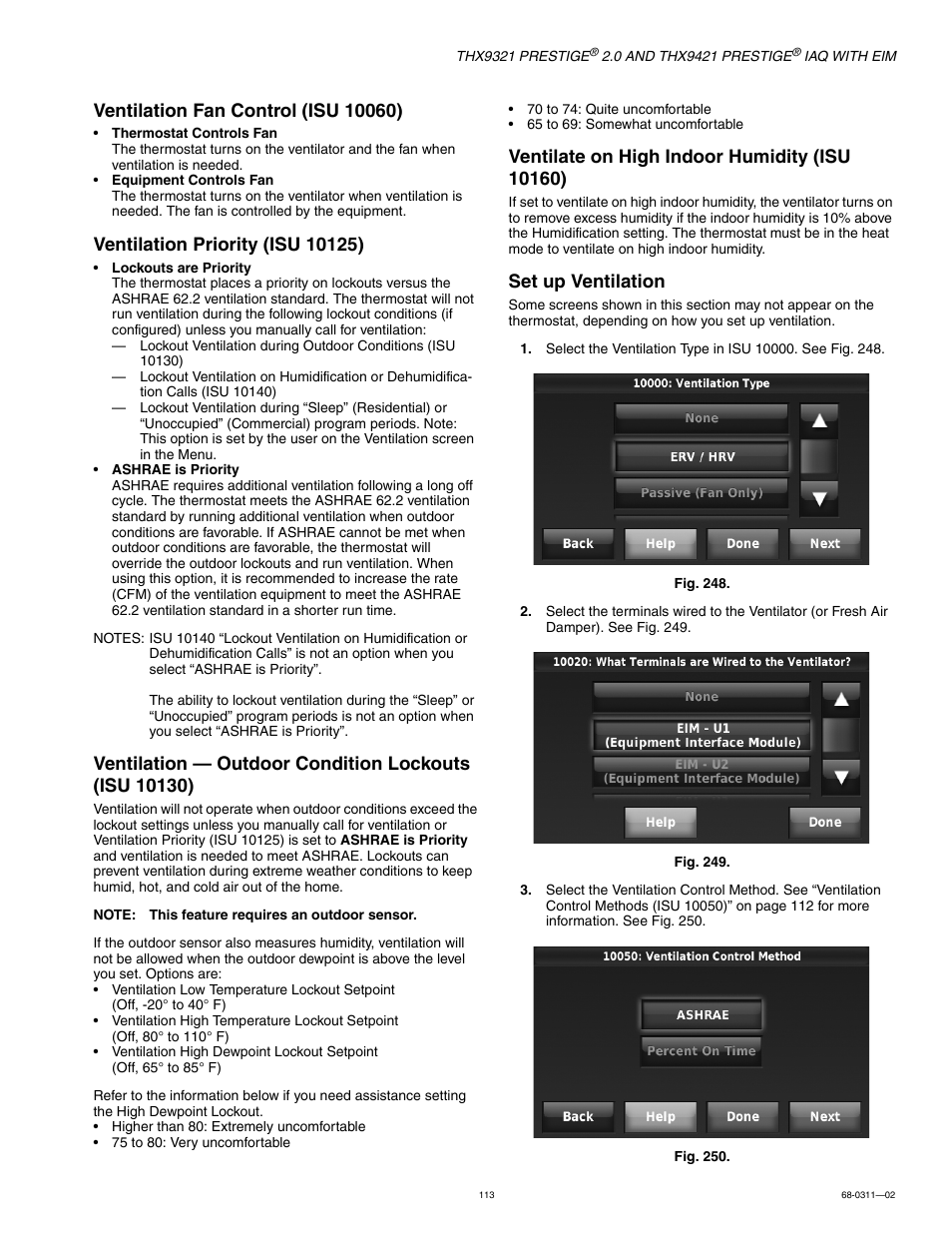 Set up ventilation | Honeywell PRESTIGE THX9321 User Manual | Page 113 / 160