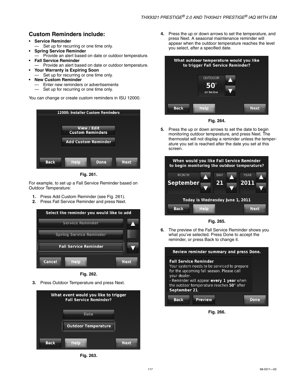 Custom reminders include | Honeywell PRESTIGE THX9321 User Manual | Page 117 / 160