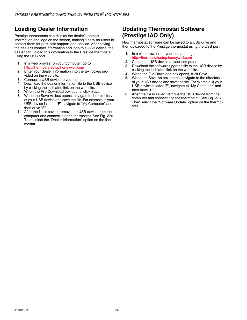 Loading dealer information, Updating thermostat software (prestige iaq only) | Honeywell PRESTIGE THX9321 User Manual | Page 120 / 160