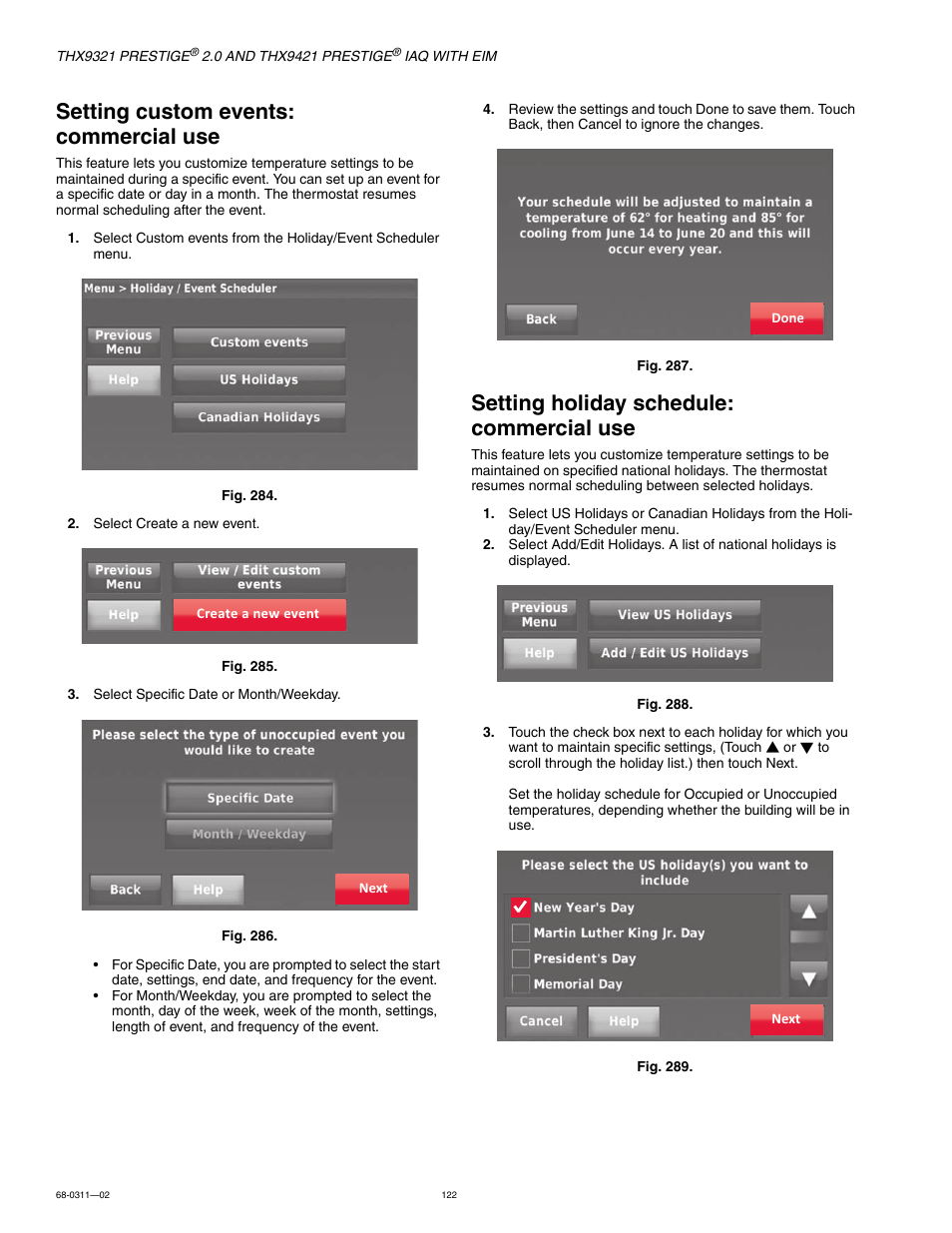 Setting custom events: commercial use, Setting holiday schedule: commercial use | Honeywell PRESTIGE THX9321 User Manual | Page 122 / 160