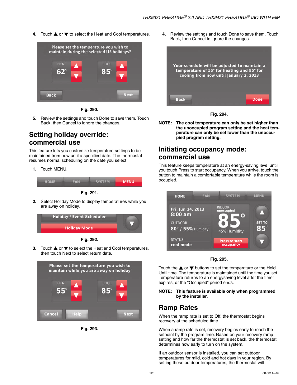 Setting holiday override: commercial use, Initiating occupancy mode: commercial use, Ramp rates | Honeywell PRESTIGE THX9321 User Manual | Page 123 / 160