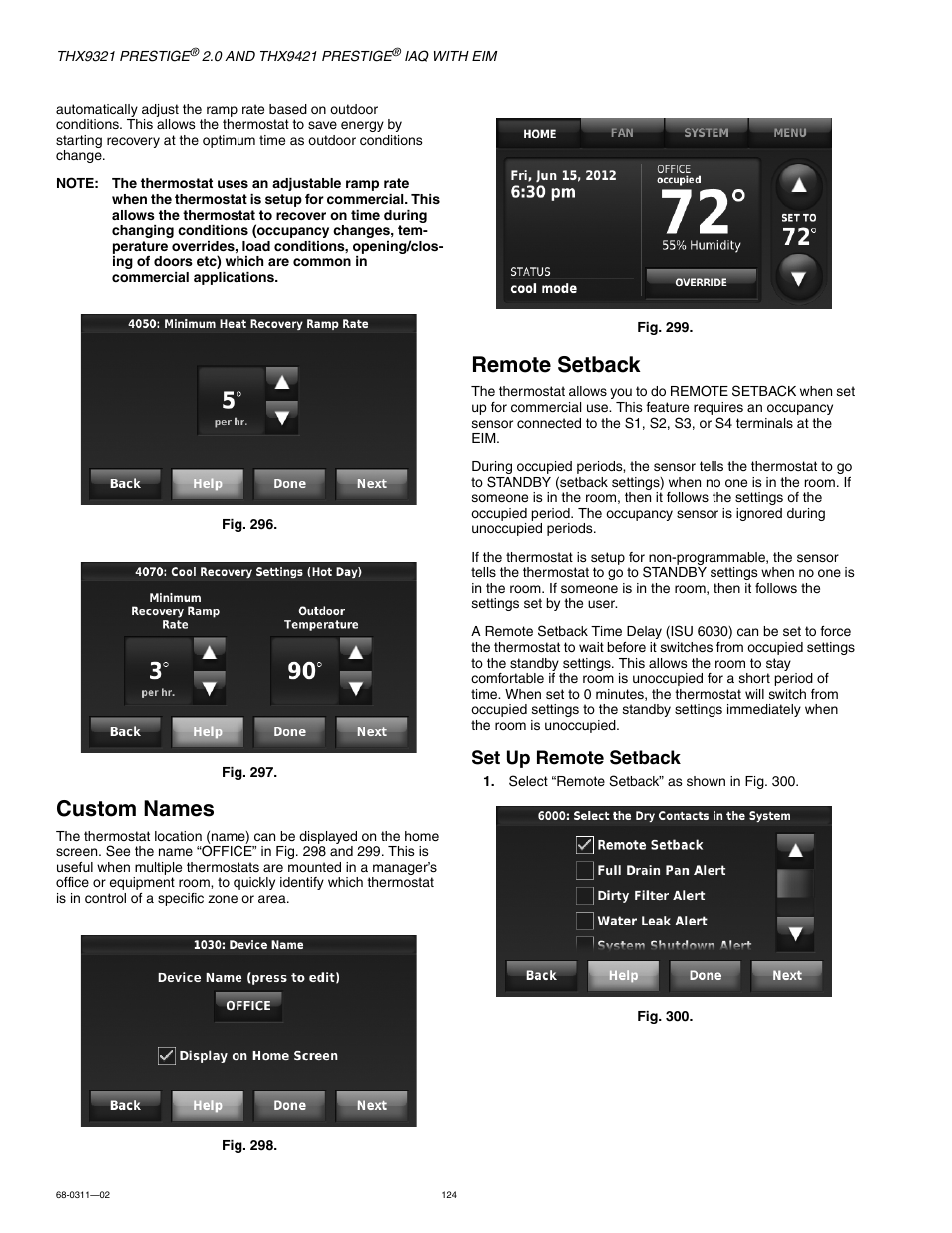 Custom names, Remote setback, Custom names remote setback | Set up remote setback | Honeywell PRESTIGE THX9321 User Manual | Page 124 / 160