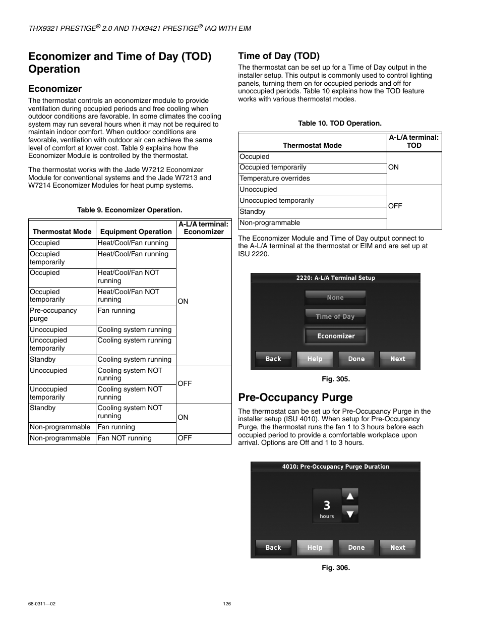 Economizer and time of day (tod) operation, Pre-occupancy purge, Economizer | Time of day (tod) | Honeywell PRESTIGE THX9321 User Manual | Page 126 / 160