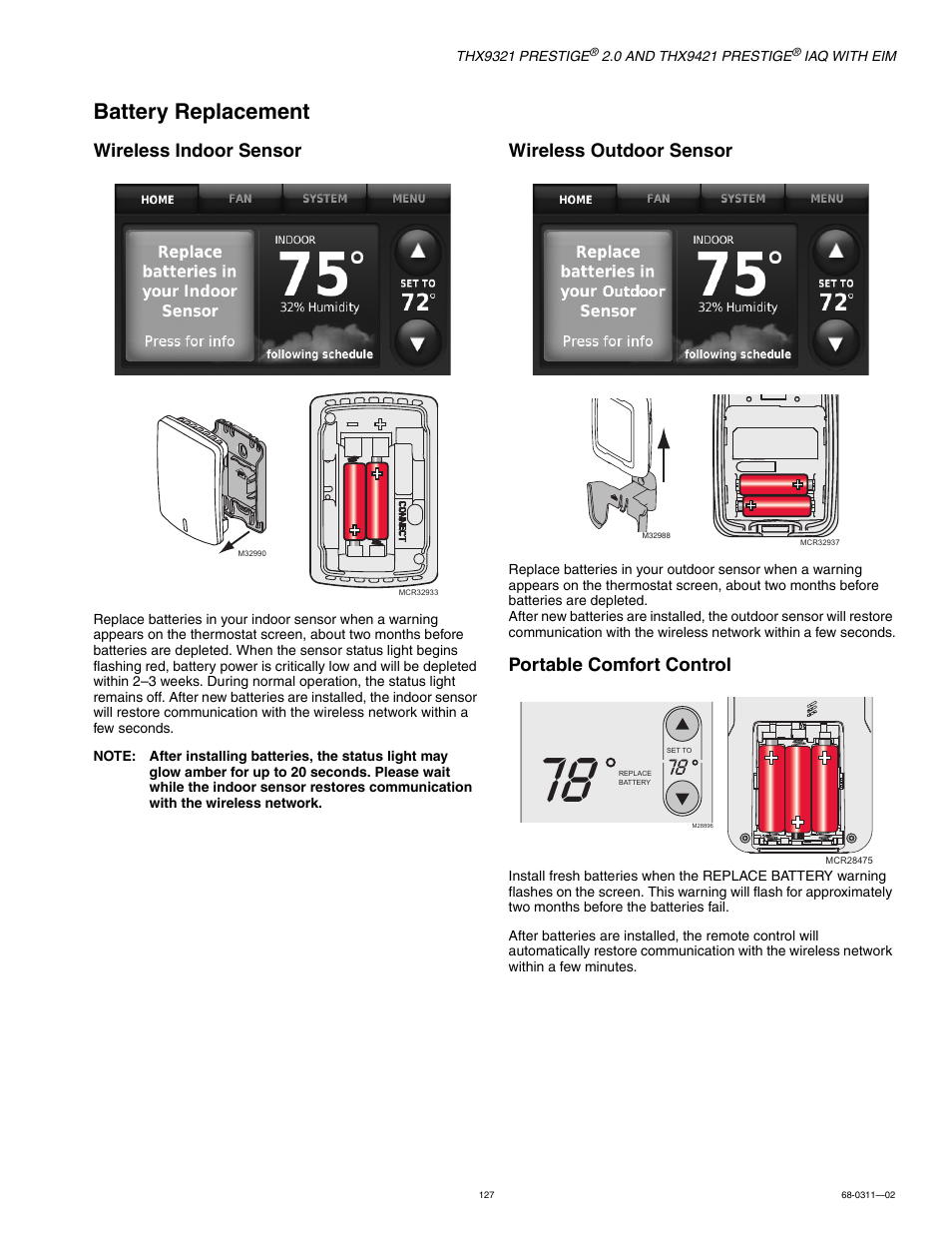 Battery replacement, Wireless indoor sensor, Wireless outdoor sensor | Portable comfort control | Honeywell PRESTIGE THX9321 User Manual | Page 127 / 160