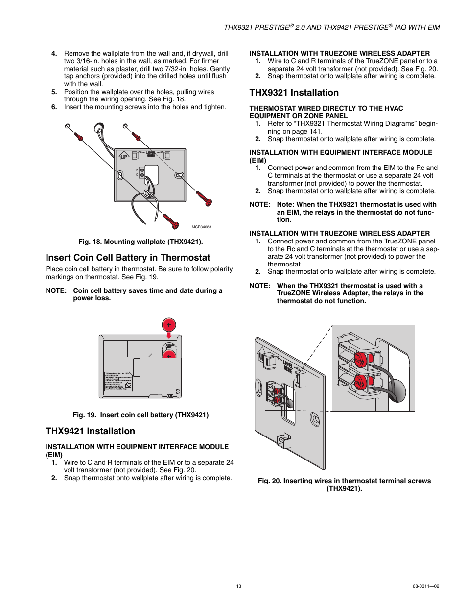 Insert coin cell battery in thermostat, Thx9421 installation, Thx9321 installation | Honeywell PRESTIGE THX9321 User Manual | Page 13 / 160