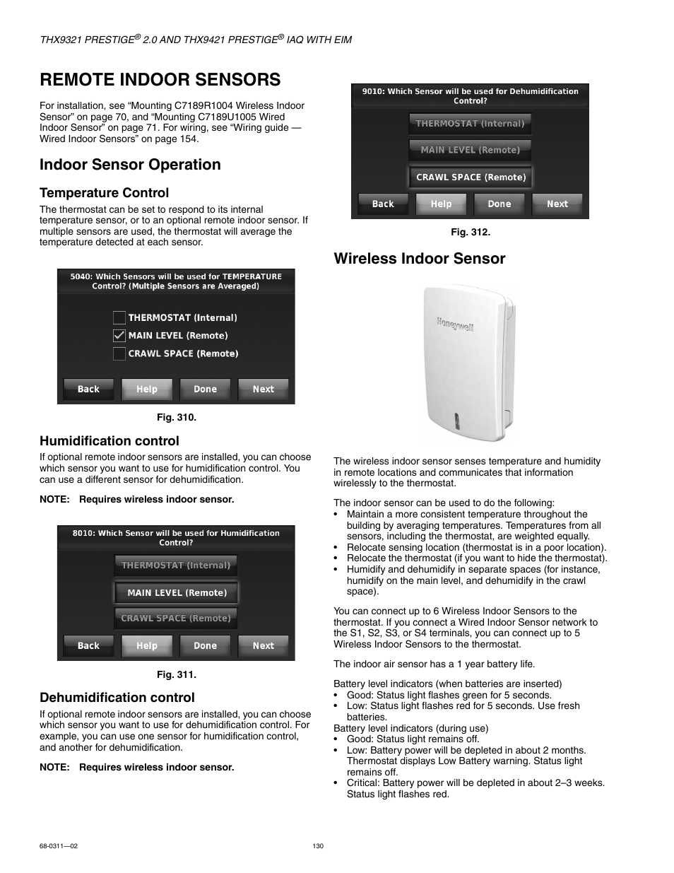 Remote indoor sensors, Indoor sensor operation, Wireless indoor sensor | Wireless indoor sensor” beginning on, E “wireless indoor sensor” begin, Wireless indoor sensor” beginning, Wireless indoor sensor” begin, See “wireless indoor sensor” beginning, Temperature control, Humidification control | Honeywell PRESTIGE THX9321 User Manual | Page 130 / 160