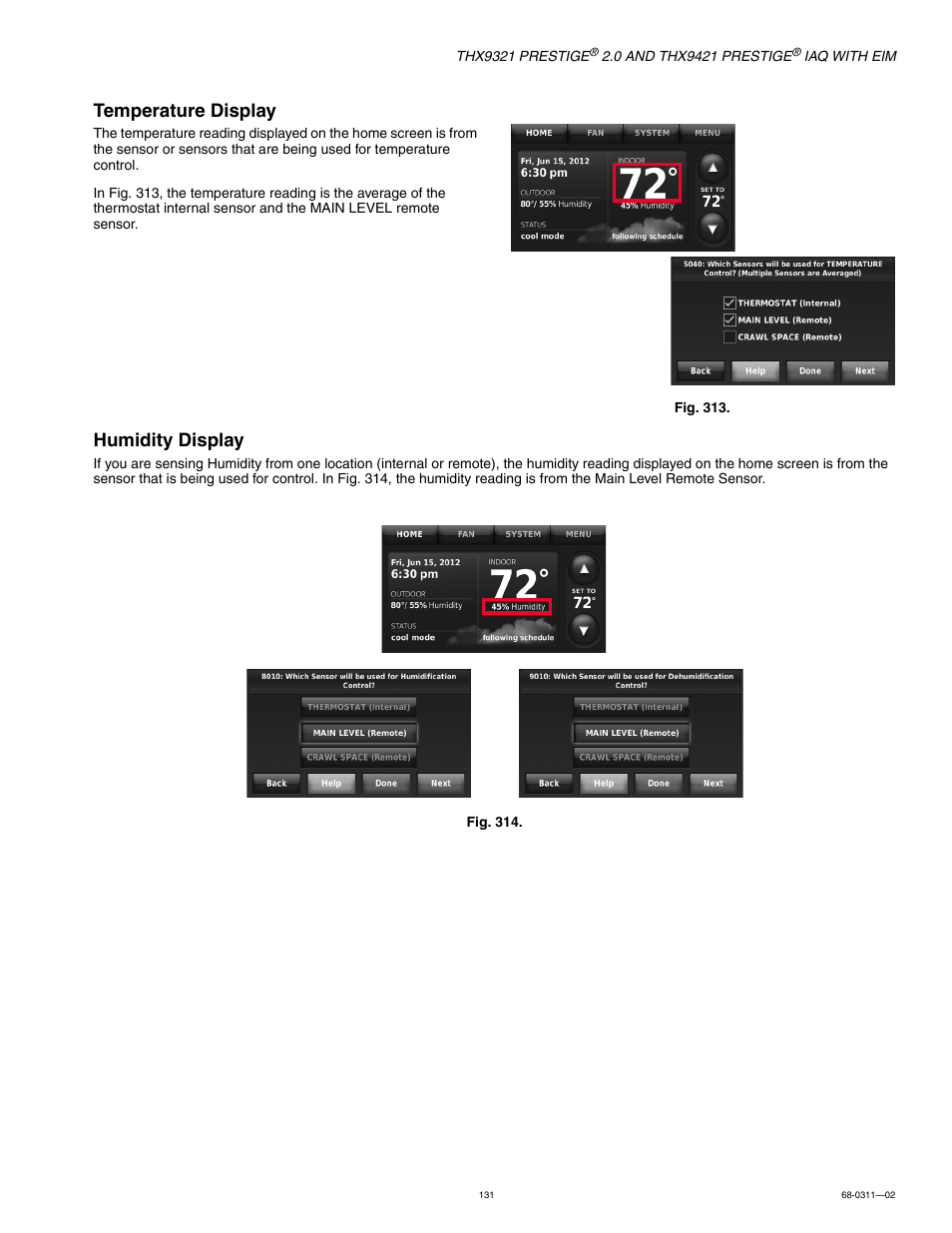 Temperature display, Humidity display | Honeywell PRESTIGE THX9321 User Manual | Page 131 / 160