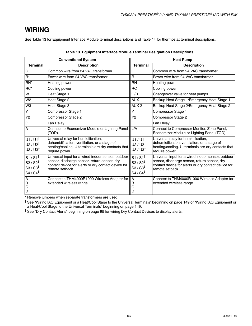 Wiring, See “wiring” beginning | Honeywell PRESTIGE THX9321 User Manual | Page 135 / 160