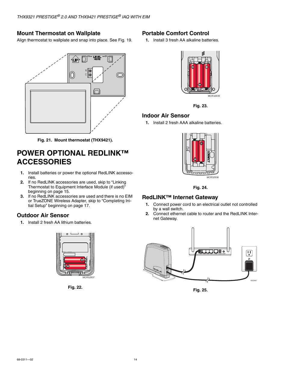 Power optional redlink™ accessories, Power optional redlink, Accessories | Mount thermostat on wallplate, Outdoor air sensor, Portable comfort control, Indoor air sensor, Redlink™ internet gateway | Honeywell PRESTIGE THX9321 User Manual | Page 14 / 160