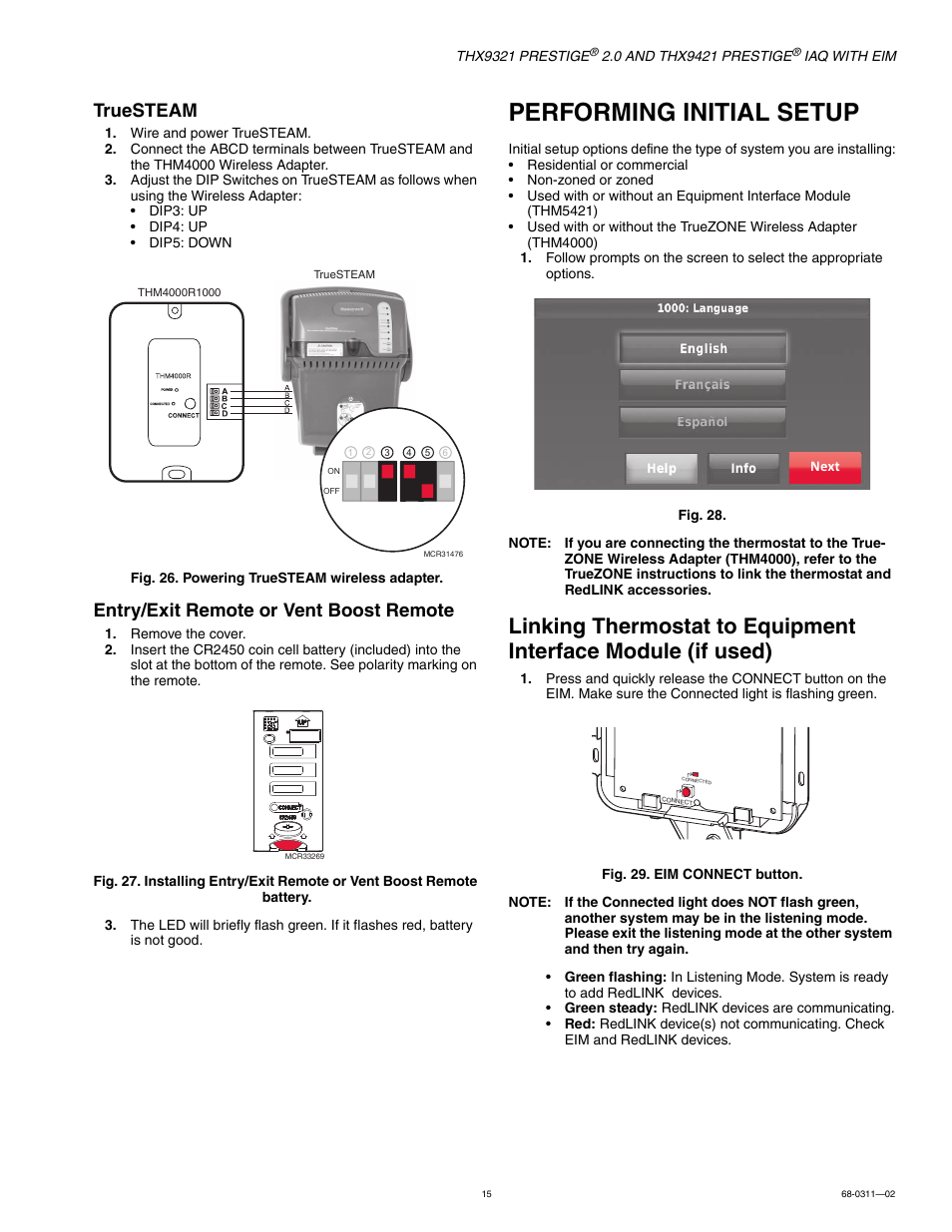 Performing initial setup, Skip to “linking, Thermostat to equipment interface module (if used) | Truesteam, Entry/exit remote or vent boost remote | Honeywell PRESTIGE THX9321 User Manual | Page 15 / 160