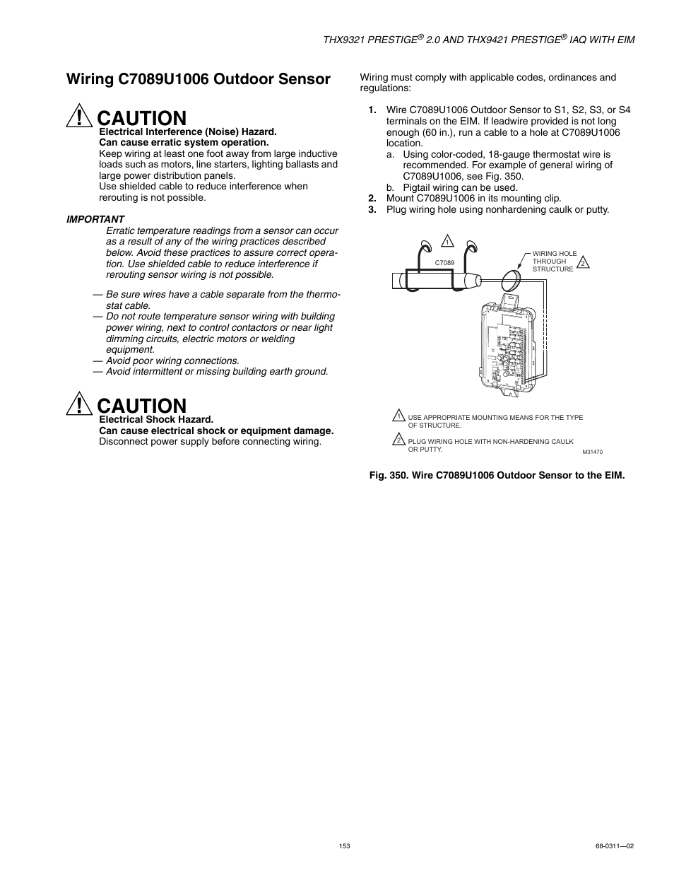 Wiring c7089u1006 outdoor sensor, Caution | Honeywell PRESTIGE THX9321 User Manual | Page 153 / 160