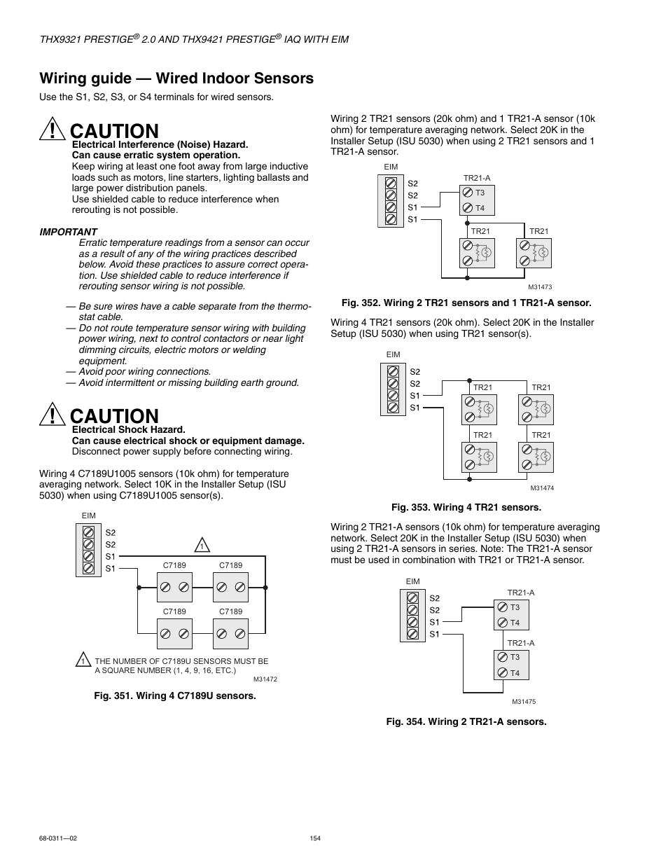 Wiring guide — wired indoor sensors, Caution | Honeywell PRESTIGE THX9321 User Manual | Page 154 / 160