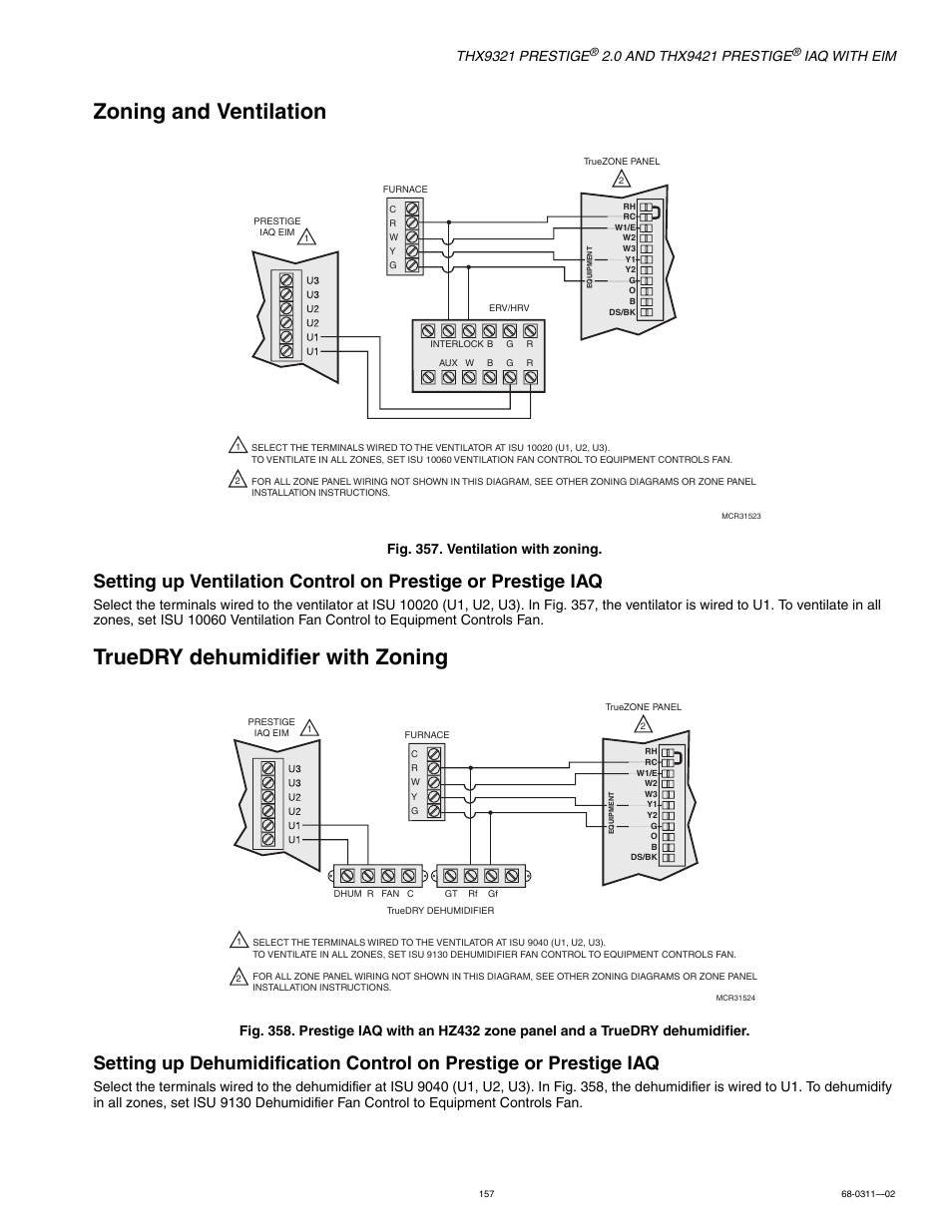 Zoning and ventilation, Truedry dehumidifier with zoning, Thx9321 prestige | Iaq with eim, Fig. 357. ventilation with zoning | Honeywell PRESTIGE THX9321 User Manual | Page 157 / 160