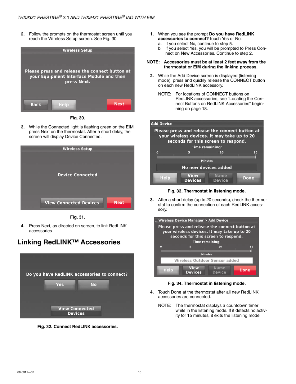 Linking redlink™ accessories | Honeywell PRESTIGE THX9321 User Manual | Page 16 / 160