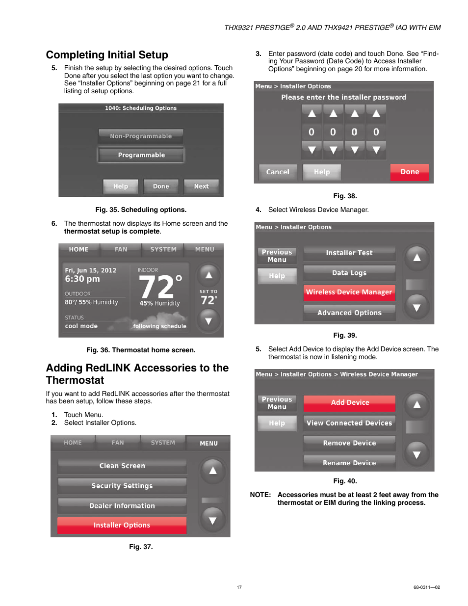 Completing initial setup, Adding redlink accessories to the thermostat, Completing ini | Honeywell PRESTIGE THX9321 User Manual | Page 17 / 160