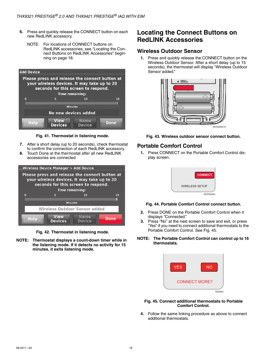 Locating the con, Nect buttons on redlink accessories” begin, Wireless outdoor sensor | Portable comfort control | Honeywell PRESTIGE THX9321 User Manual | Page 18 / 160