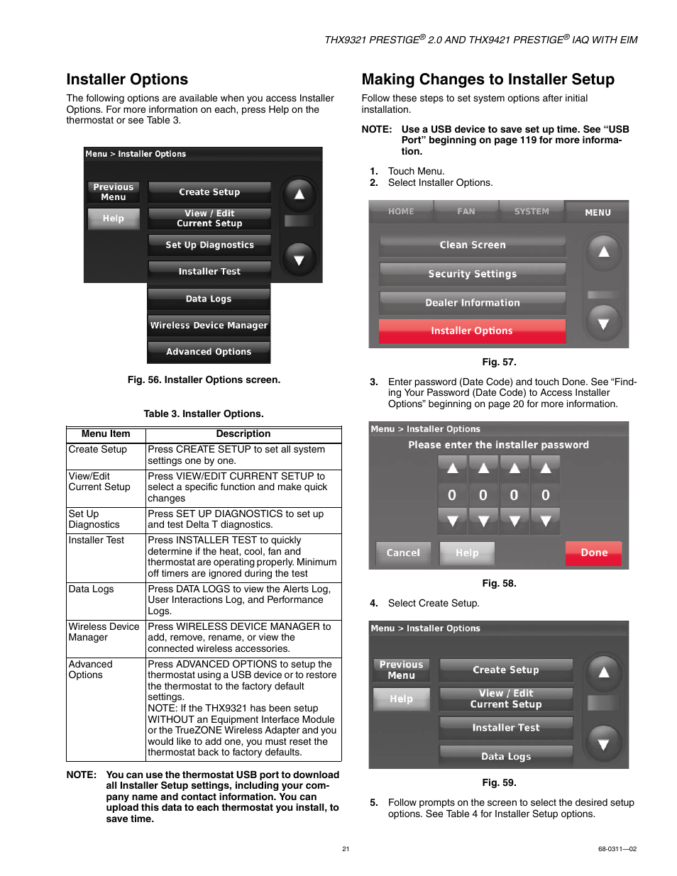 Installer options, Making changes to installer setup | Honeywell PRESTIGE THX9321 User Manual | Page 21 / 160