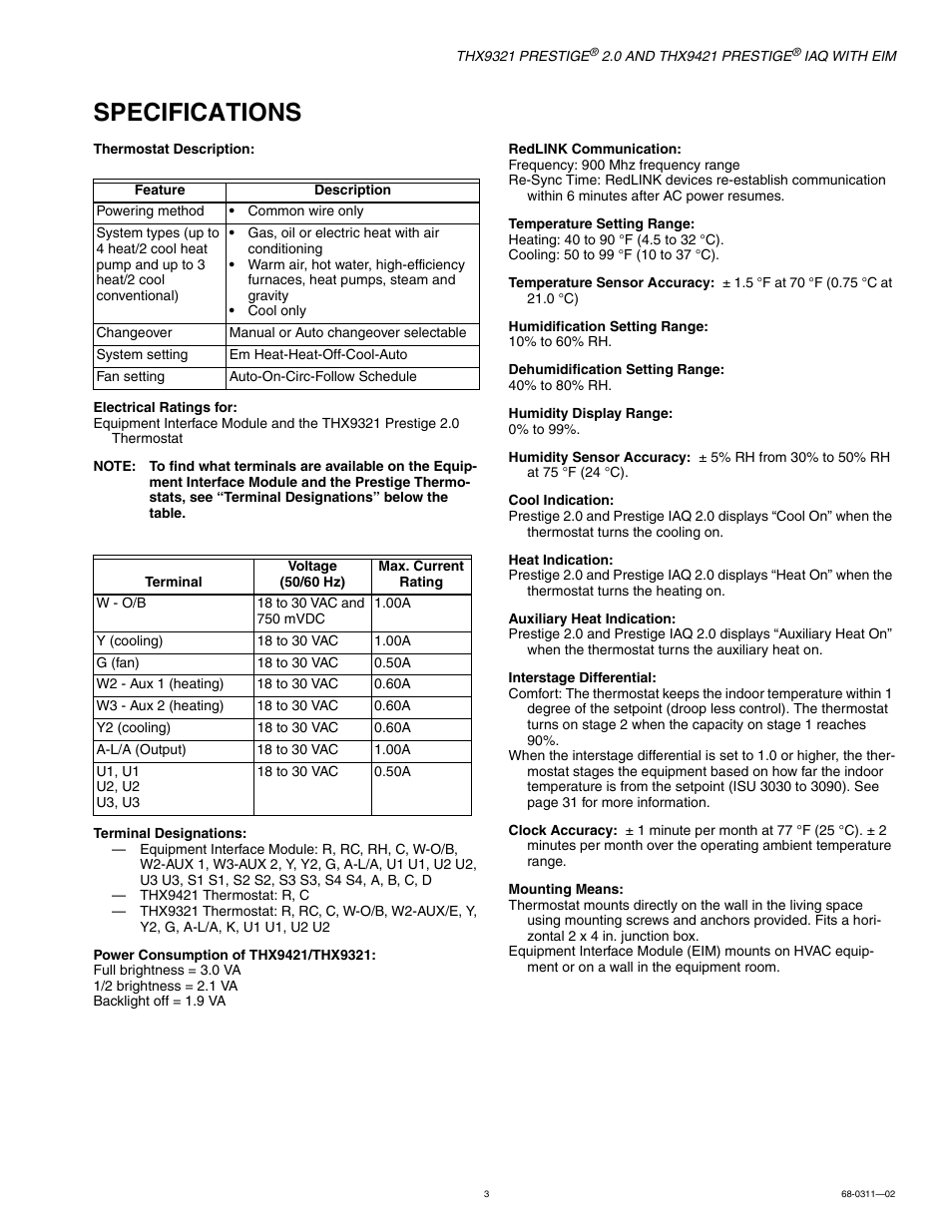 Specifications | Honeywell PRESTIGE THX9321 User Manual | Page 3 / 160