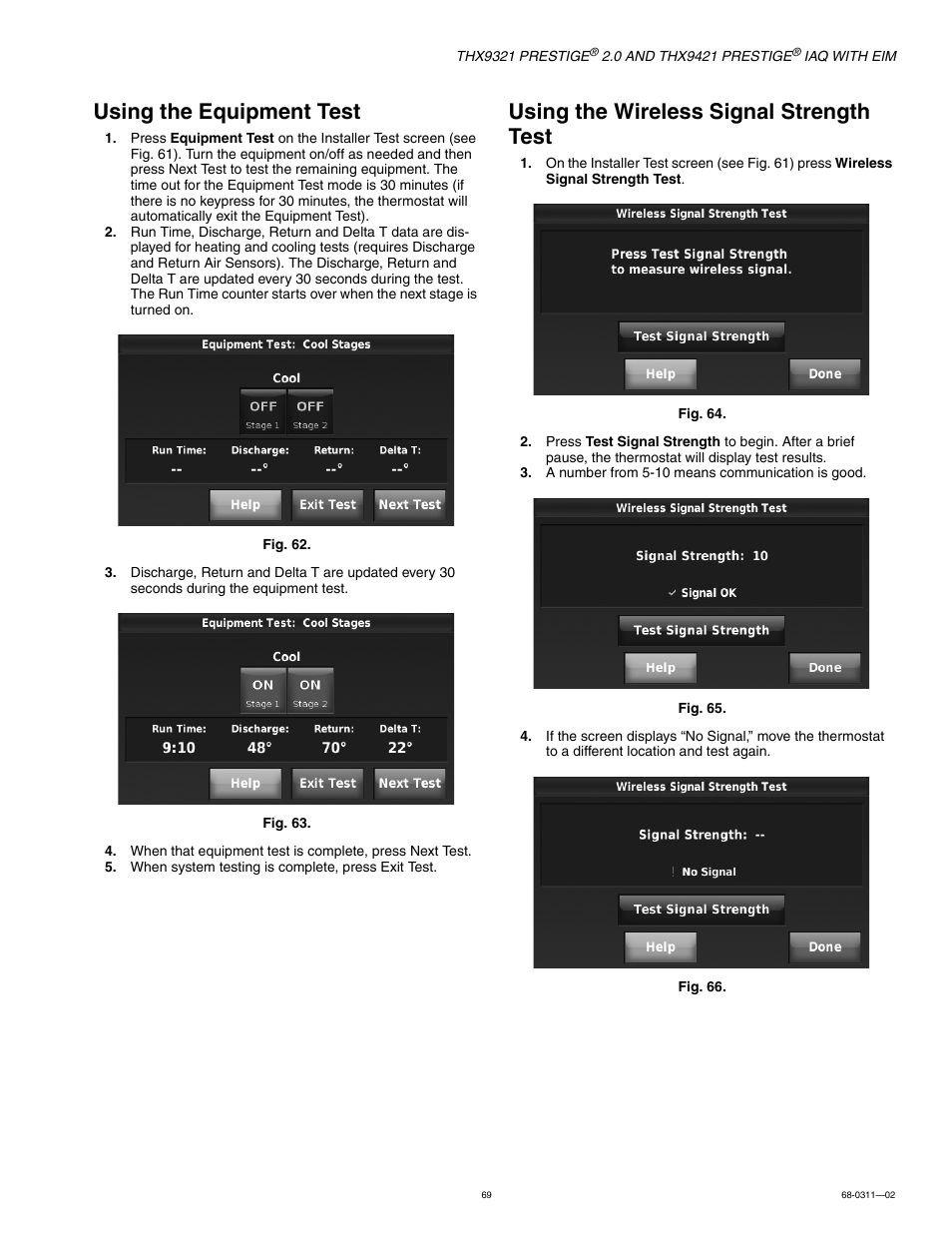 Using the equipment test, Using the wireless signal strength test | Honeywell PRESTIGE THX9321 User Manual | Page 69 / 160