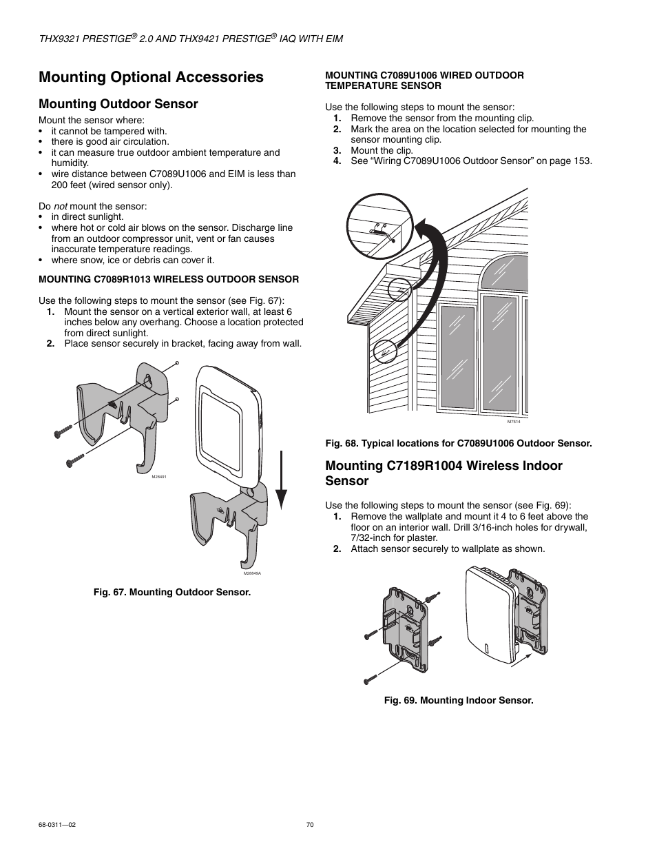 Mounting optional accessories, Mounting outdoor sensor | Honeywell PRESTIGE THX9321 User Manual | Page 70 / 160