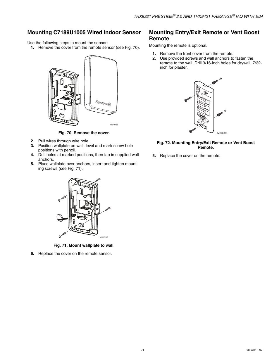 Mounting entry/exit remote or vent boost remote | Honeywell PRESTIGE THX9321 User Manual | Page 71 / 160