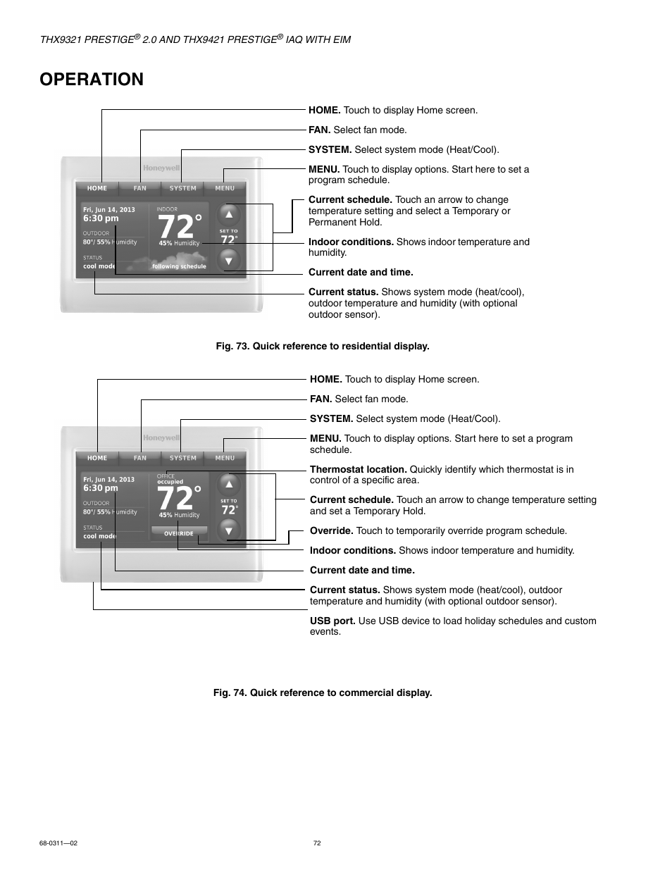 Operation | Honeywell PRESTIGE THX9321 User Manual | Page 72 / 160