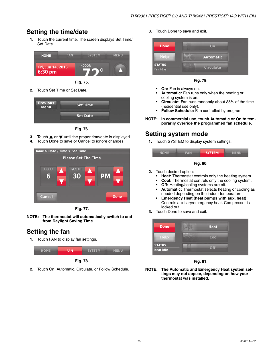 Setting the time/date, Setting the fan, Setting system mode | 30 pm | Honeywell PRESTIGE THX9321 User Manual | Page 73 / 160