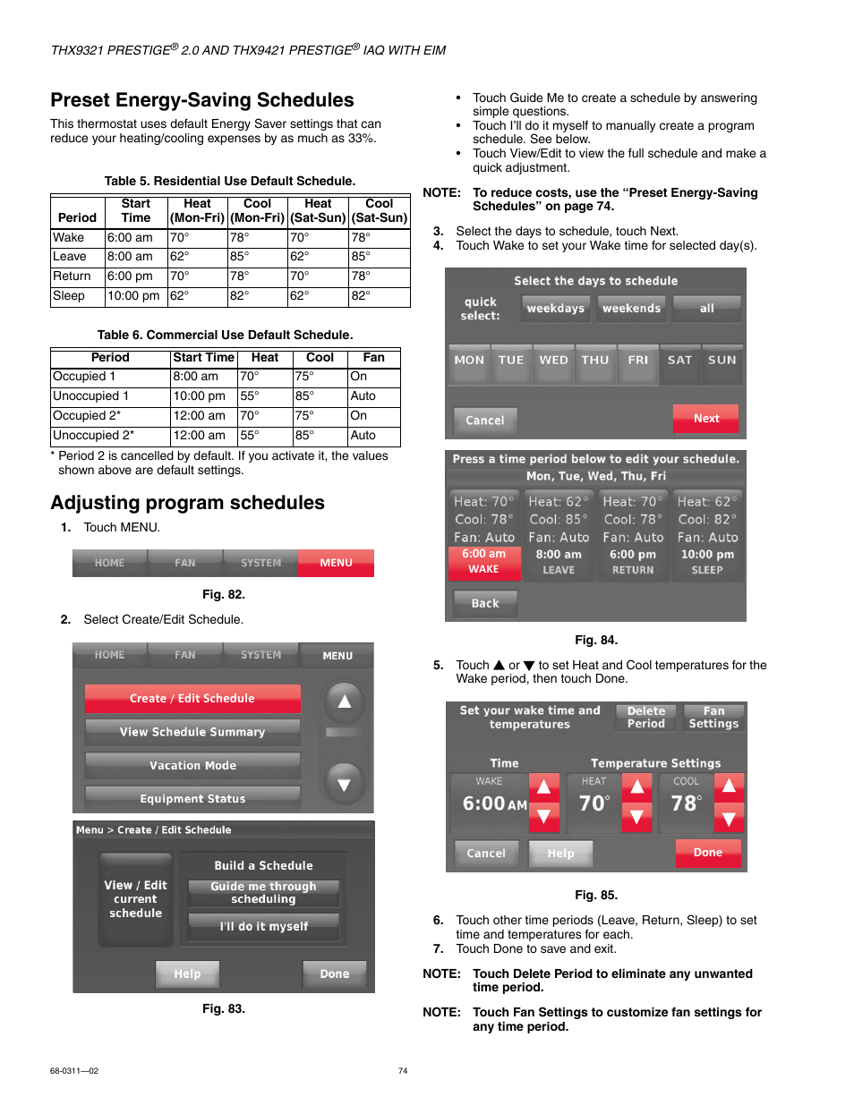 Preset energy-saving schedules, Adjusting program schedules | Honeywell PRESTIGE THX9321 User Manual | Page 74 / 160