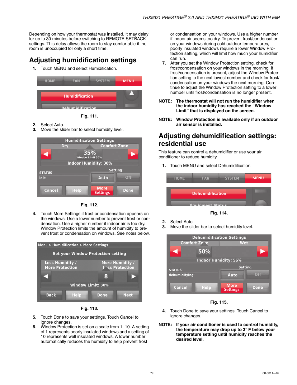 Adjusting humidification settings | Honeywell PRESTIGE THX9321 User Manual | Page 79 / 160