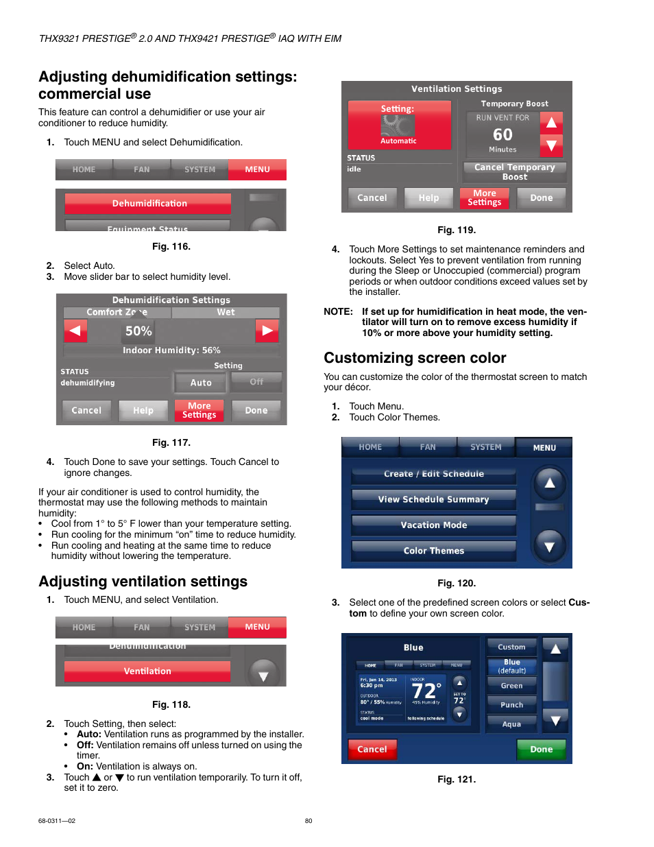 Adjusting ventilation settings, Customizing screen color | Honeywell PRESTIGE THX9321 User Manual | Page 80 / 160