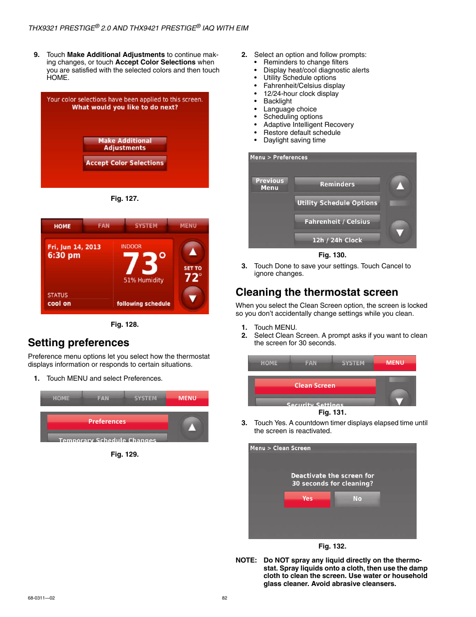 Setting preferences, Cleaning the thermostat screen | Honeywell PRESTIGE THX9321 User Manual | Page 82 / 160