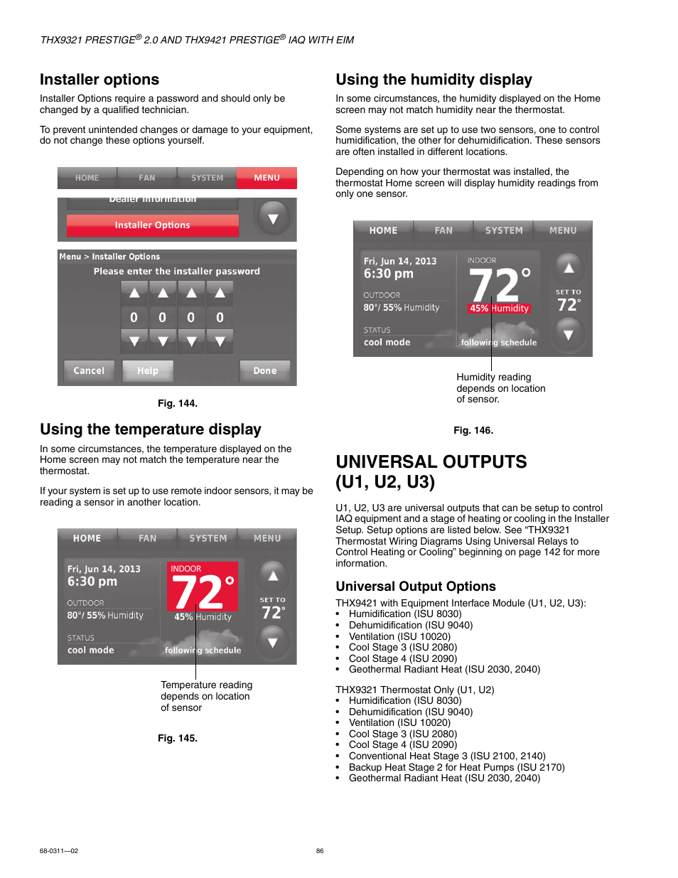 Installer options, Using the temperature display, Using the humidity display | Universal outputs (u1, u2, u3) | Honeywell PRESTIGE THX9321 User Manual | Page 86 / 160