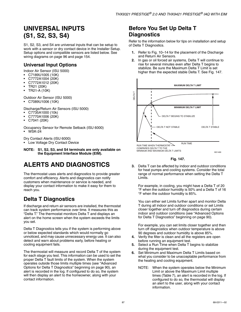 Universal inputs (s1, s2, s3, s4), Alerts and diagnostics, Delta t diagnostics | Before you set up delta t diagnostics, Delta t diagnostics” beginning on, Universal input options | Honeywell PRESTIGE THX9321 User Manual | Page 87 / 160