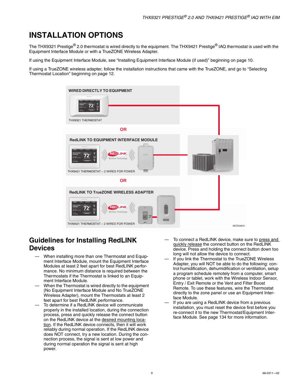 Installation options, Guidelines for installing redlink devices | Honeywell PRESTIGE THX9321 User Manual | Page 9 / 160