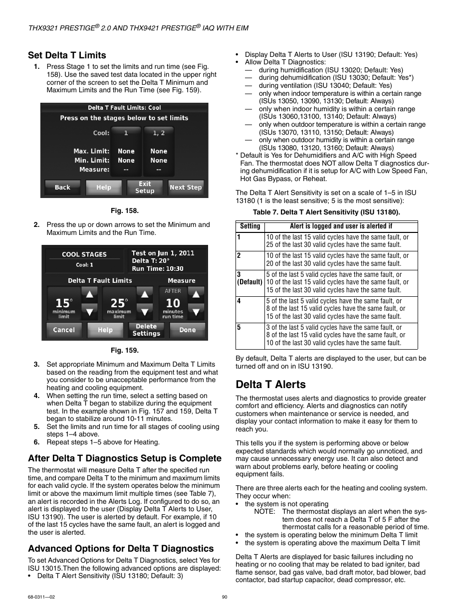 Delta t alerts, Set delta t limits, After delta t diagnostics setup is complete | Advanced options for delta t diagnostics | Honeywell PRESTIGE THX9321 User Manual | Page 90 / 160