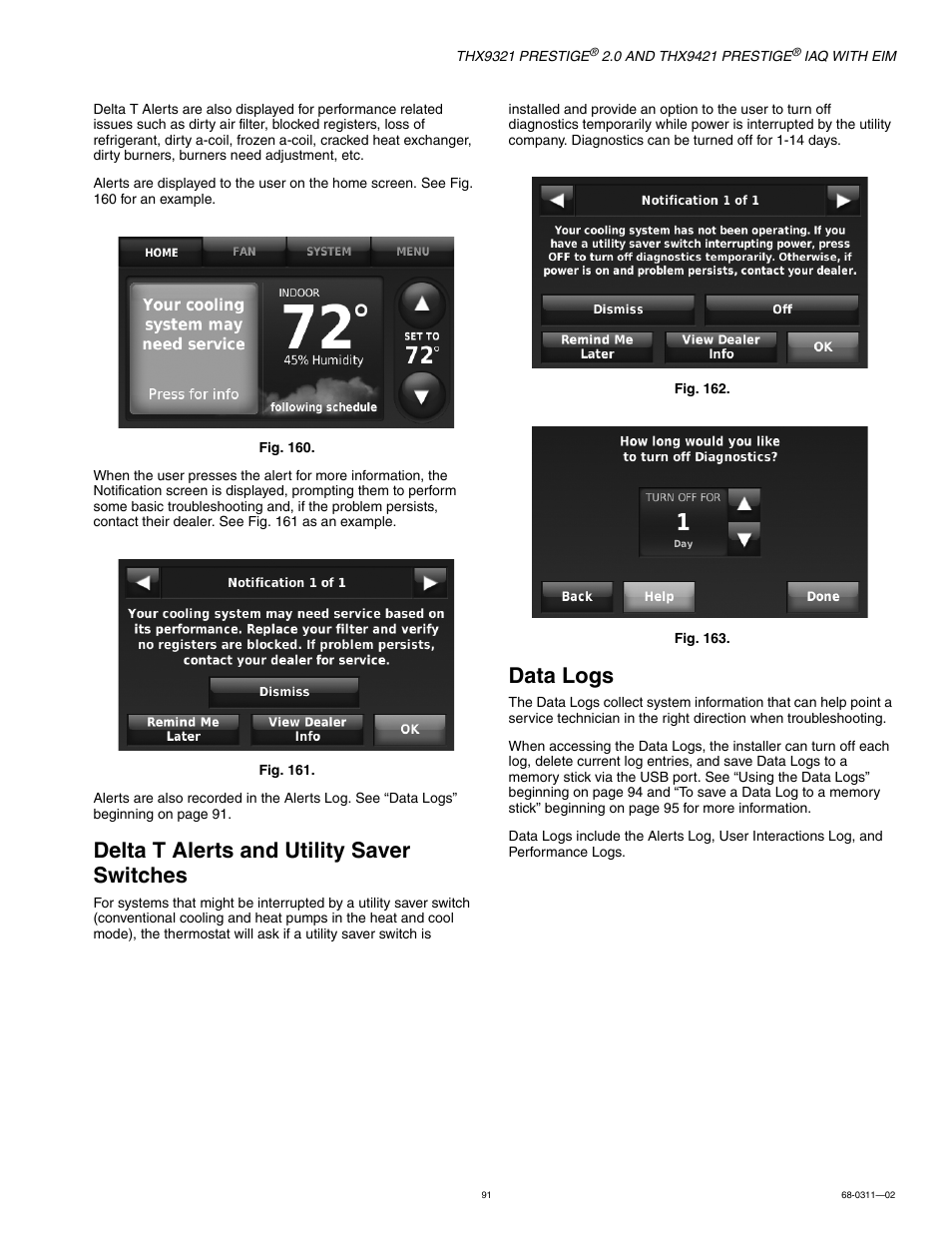 Delta t alerts and utility saver switches, Data logs | Honeywell PRESTIGE THX9321 User Manual | Page 91 / 160