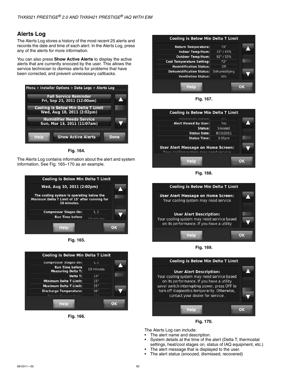 Alerts log | Honeywell PRESTIGE THX9321 User Manual | Page 92 / 160