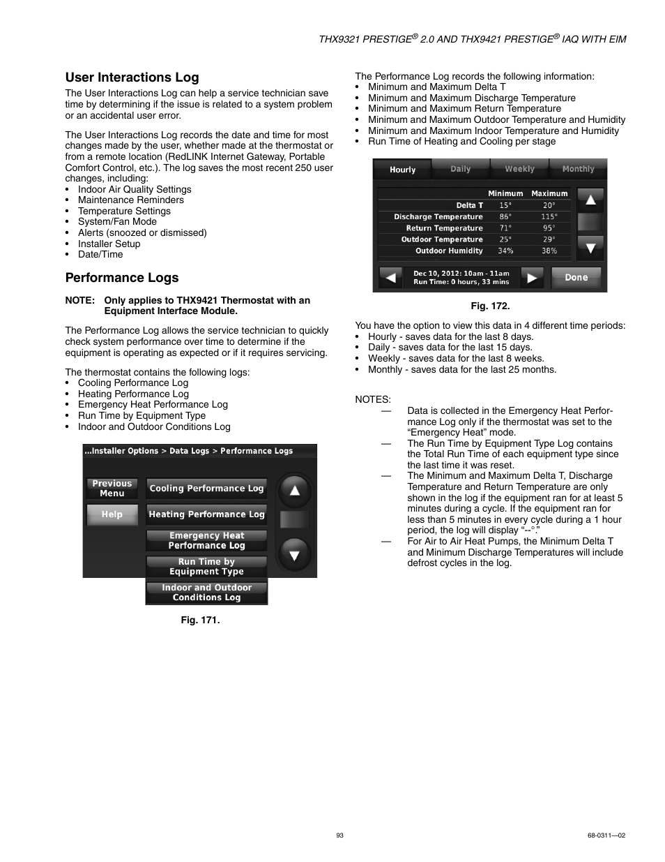 User interactions log, Performance logs | Honeywell PRESTIGE THX9321 User Manual | Page 93 / 160