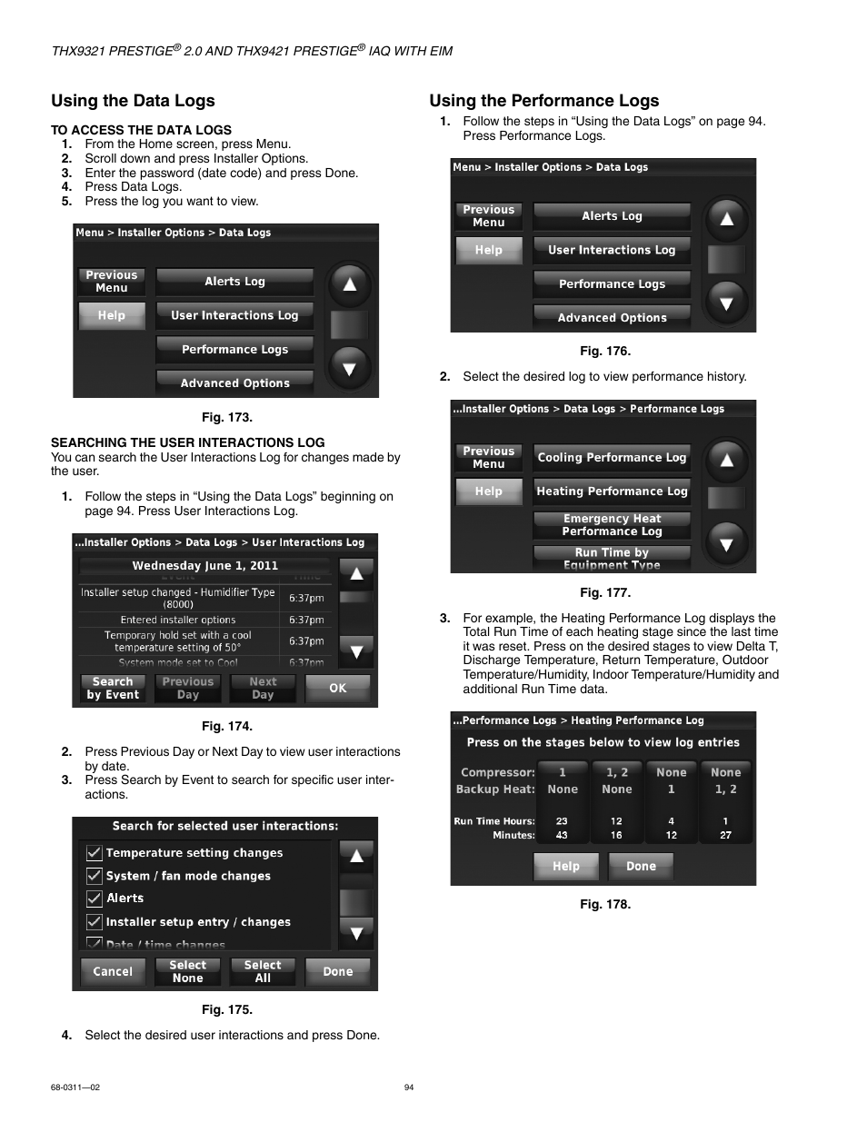 Using the data logs, Using the performance logs | Honeywell PRESTIGE THX9321 User Manual | Page 94 / 160